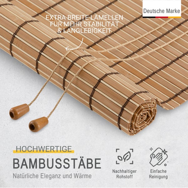 Bambusrollo mit extra breiten Lamellen und Zugschnüren. Deutsche Marke, nachhaltiger Rohstoff und einfache Reinigung.