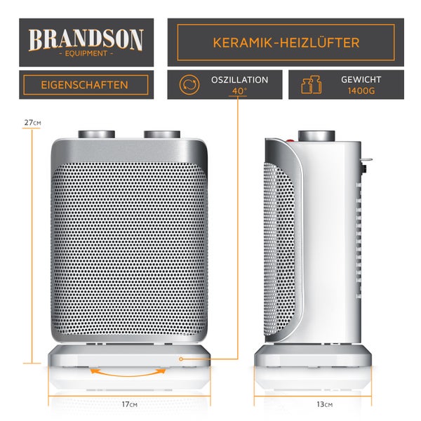 Brandson Heizlüfter 1500W, Keramik Heizlüfter mit Thermostat, 2 Leistungsstufen, Überhitzungsschutz, Automatische Abschaltung, Umkippschutz, 40°