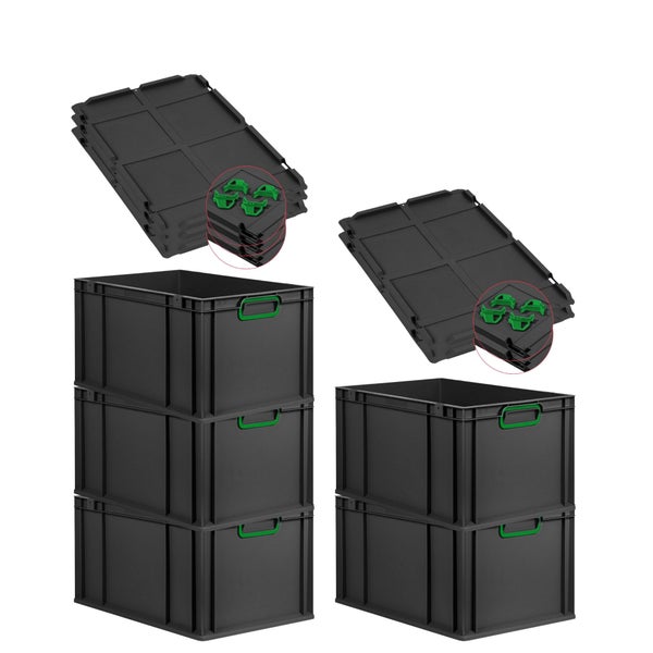 PROREGAL SparSet 5x Eurobox NextGen Color mit Auflagedeckel und Schiebeschnappverschlüsse, HxBxT 32x40x60cm, 65 Liter, Schwarz, Griffe grün geschlossen, Verstärkter Boden, Eurobehälter, Transportbox, Transportbehälter, Stapelbehälter
