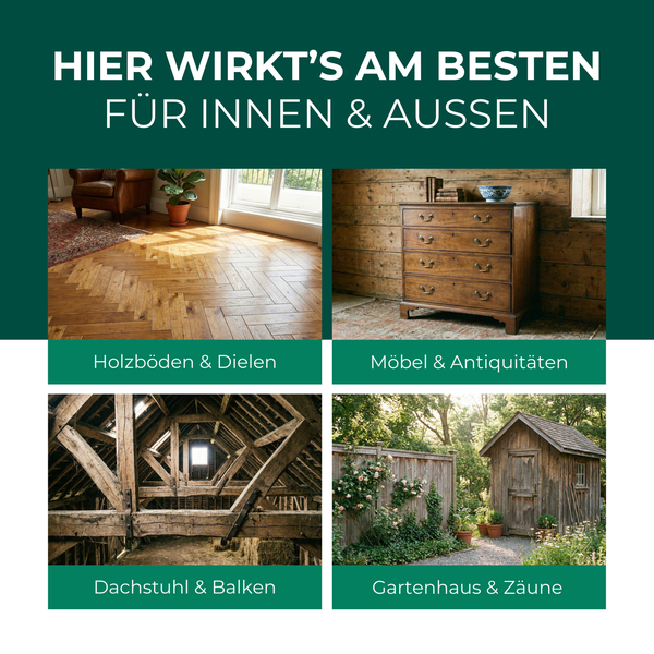 Anwendungsbereiche für Innen und Aussen: Holzböden, Möbel, Dachstühle, Gartenhäuser und Zäune
