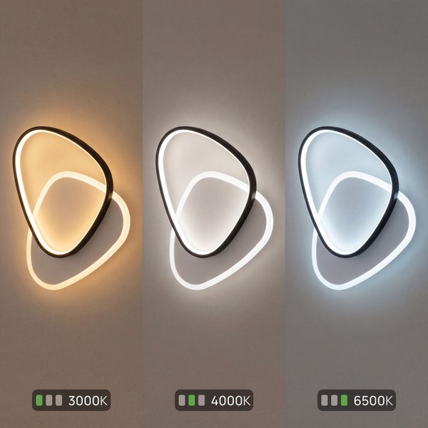 LED Wandleuchte mit zwei überlappenden organischen Ringen, einstellbare Farbtemperatur von 3000 Kelvin bis 6500 Kelvin.