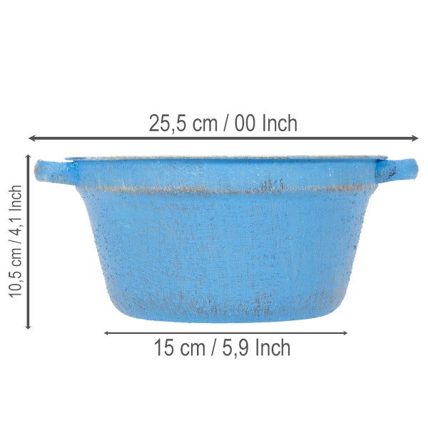 Blauer Pflanztopf mit zwei Henkeln, Höhe 10,5 Zentimeter, oberer Durchmesser 25,5 Zentimeter, Bodendurchmesser 15 Zentimeter.