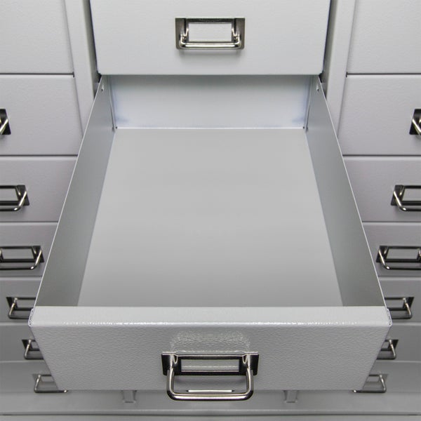 PROREGAL Schubladenschrank Chinchilla mit 27 Schubladen + 3 Ablageboden | HxBxT 179x80x41cm | Lichtgrau/Lichtblau | Spind, Schubladen