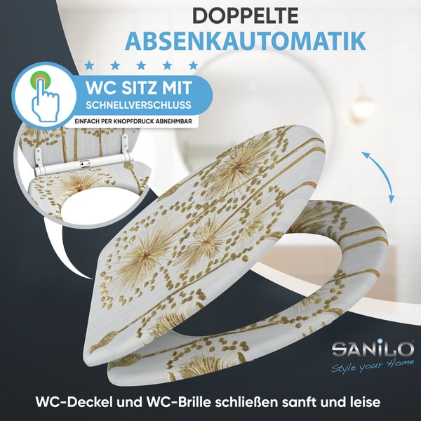 WC Sitz mit Absenkautomatik und Schnellverschluss, verziert mit einem Löwenzahn-Muster in Goldoptik, Sanilo Logo.