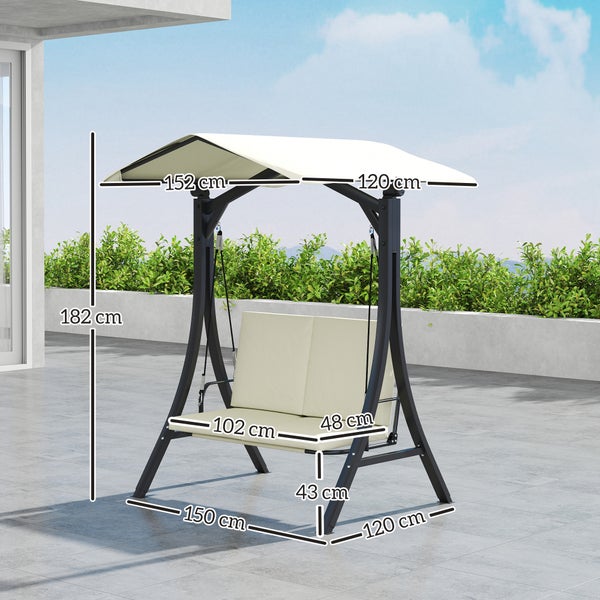 Outsunny Hollywoodschaukel mit verstellbarem Sonnendach Sitzauflage, Schutzhülle 2-Sitzer Gartenschaukel belastbar bis 220kg, UV 30+ Schaukelbank für Garten, Terrasse, 150x120x182cm, Cremeweiß