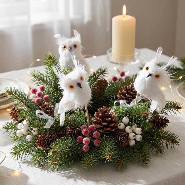 Weihnachtskranz mit drei dekorativen Eulenfiguren, Kiefernzapfen und Beeren, dekoriert auf einem Tisch mit einer brennenden Stumpenkerze.