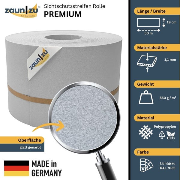 Zaun zu Sichtschutzstreifen Rolle Premium, 50 Meter lang und 19 Zentimeter breit, Materialstärke 1,1 Millimeter, Gewicht 850 Gramm pro Quadratmeter, Material Polypropylen, Farbe Lichtgrau RAL 7035, Made in Germany