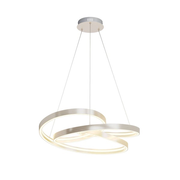 Moderne LED-Pendelleuchte mit drei verschlungenen Ringen aus Metall in Nickel-Optik.