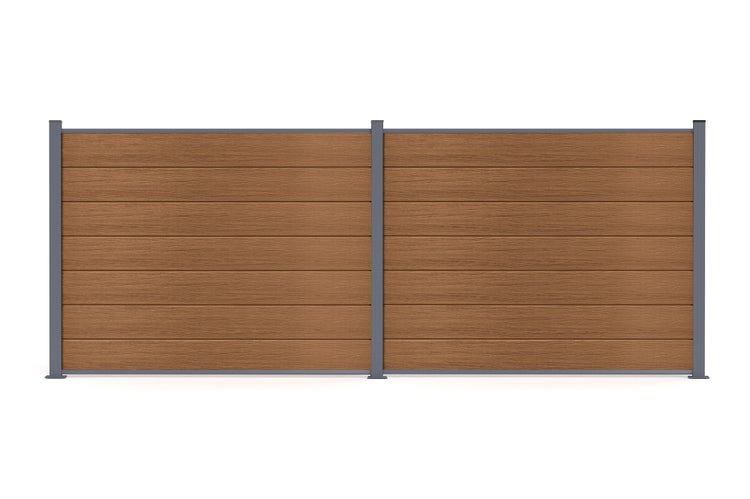 Gartenzaun mit zwei Feldern aus braunen horizontalen Lamellen in Holzoptik, eingefasst in einen Metallrahmen mit Pfosten in Anthrazit.