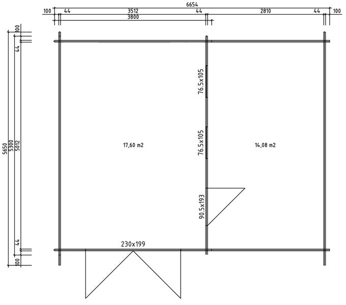 Technischer Grundriss eines Gartenhauses mit zwei Räumen von 17,60 und 14,08 Quadratmetern, inklusive detaillierter Maße in Millimetern.