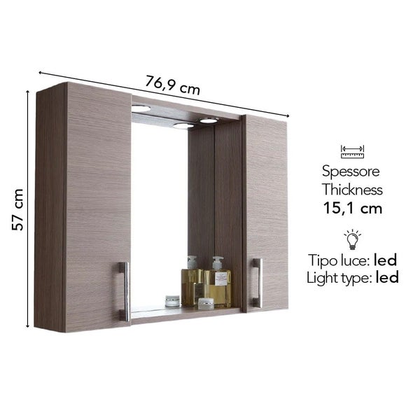 Spiegelschrank für das Badezimmer in Holzoptik mit LED-Beleuchtung, Breite 76,9 Zentimeter, Höhe 57 Zentimeter, Tiefe 15,1 Zentimeter.