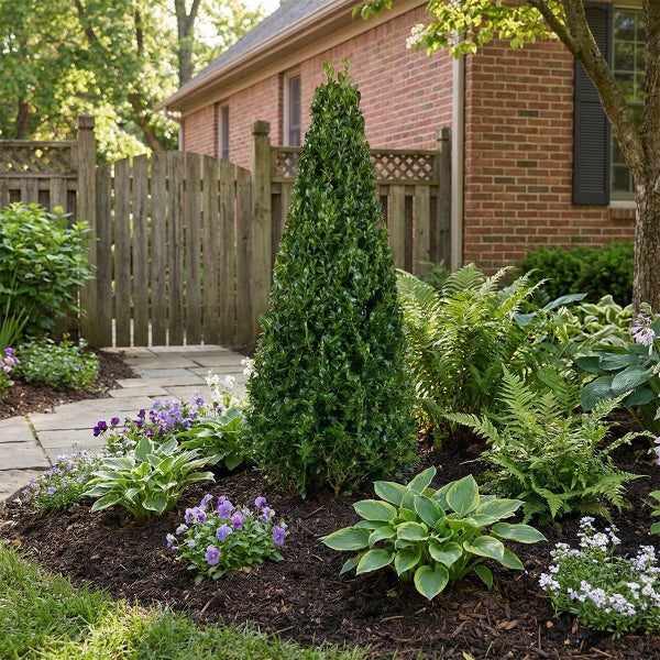 Kegelförmiger Buchsbaum in einem Gartenbeet mit Farnen und Hostas neben einem Steinweg und einem Holzzaun.