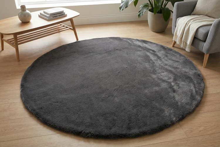 Runder Hochflor Teppich in Wohnzimmer eingerichtet mit Couchtisch und Sessel auf hellem Holzboden.