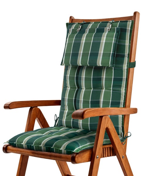 Gartenstuhl mit kariertem Sitz- und Rückenkissen