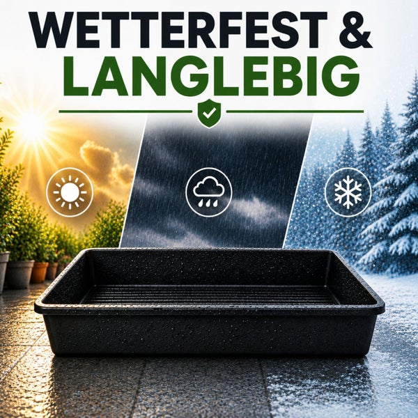 Schwarze Kunststoffschale wetterfest und langlebig, Symbole für Beständigkeit gegen ultraviolette Strahlung, Regen und Frost.