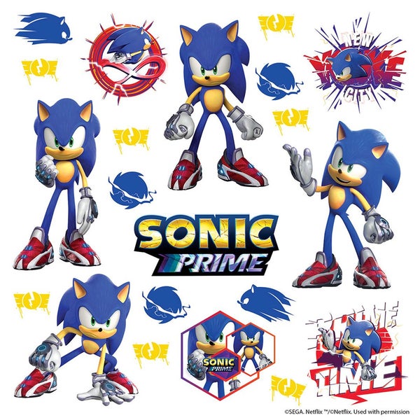 Sonic Prime Wandsticker-Set mit verschiedenen Motiven von Sonic in Action-Posen und dem offiziellen Logo.