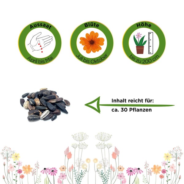 Aussaat von April bis Mai, Blüte von Juli bis Oktober, Wuchshöhe bis zu 200 Zentimeter, Inhalt für circa 30 Pflanzen.