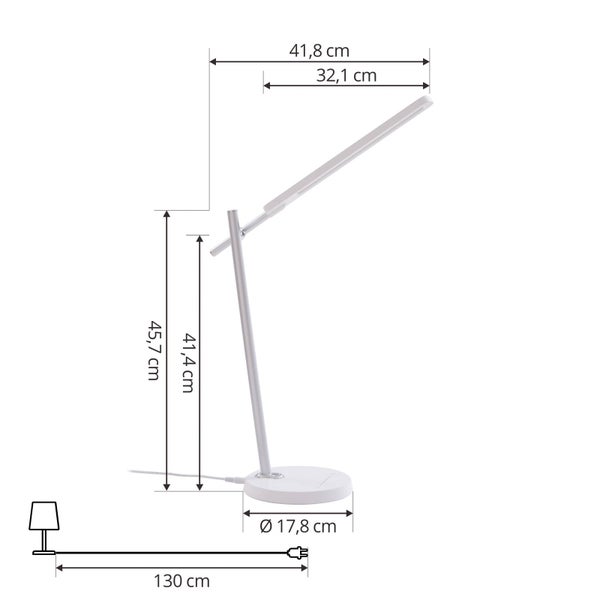 LED Schreibtischleuchte Maße: Höhe 45,7 Zentimeter, Kopf 32,1 Zentimeter, Fuß Durchmesser 17,8 Zentimeter, Kabellänge 130 Zentimeter.