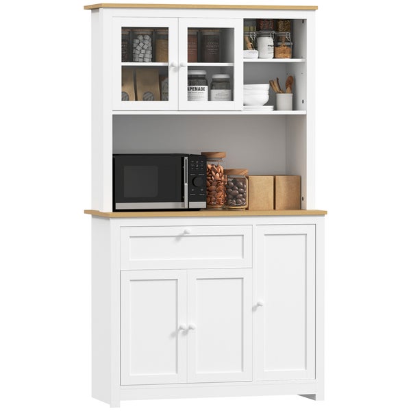 HOMCOM Küchenschrank, Küchenbuffet mit Schublade, Mehrzweckschrank mit 2 Offenen Ebenen, 3 Schränken, Vitrinenschrank mit Tischplatte für Wohnzimmer, Weiß, 100 x 40 x 180 cm
