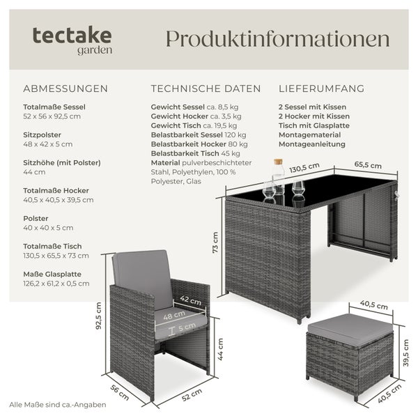 Rattan Sitzgruppe tectake Palermo inklusive Flaschenöffner, zusammenschiebbar für 2 bis 4 Personen grau