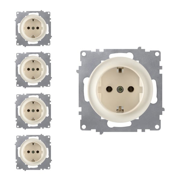 Set aus vier Unterputz Schutzkontaktsteckdosen mit Montageplatte für die Elektroinstallation