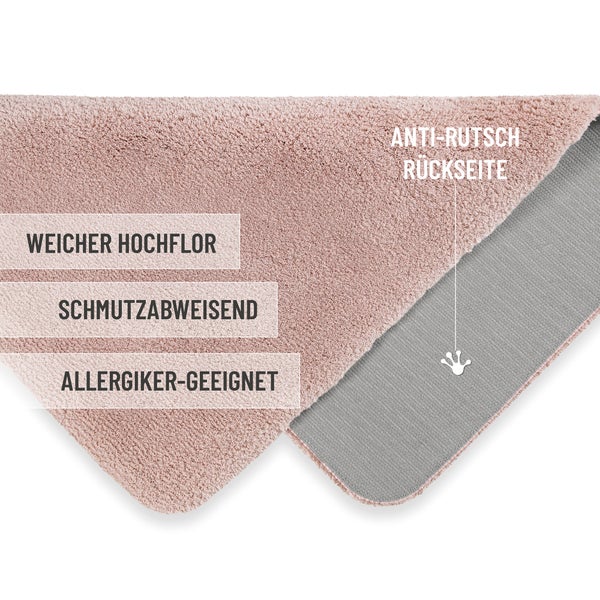 Badteppich mit weichem Hochflor, schmutzabweisend, allergikergeeignet und rutschhemmender Rückseite.