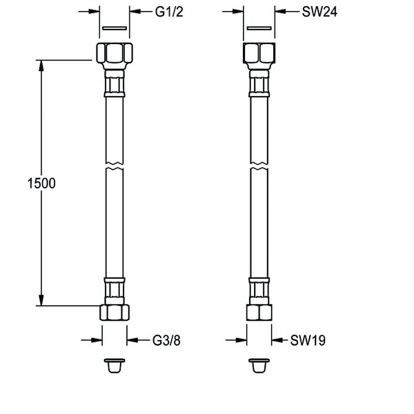 Technische Zeichnung flexibler Anschlussschlauch, Länge 1500 Millimeter, Anschlüsse G 1/2 Zoll Schlüsselweite 24 und G 3/8 Zoll Schlüsselweite 19.