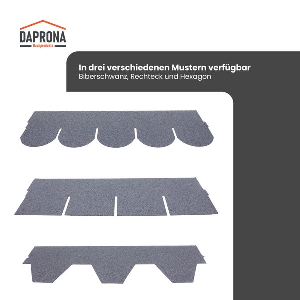 Daprona Logo und drei Bitumenschindel-Muster: Biberschwanz, Rechteck und Hexagon.