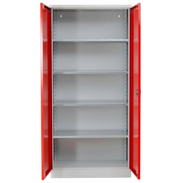 PROREGAL Stahlschrank Bee 6 Fachböden HxBxT 195 x 92 x 50 cm Pulverbeschichtetes & Verstärktes Fachbodenmaterial Grau & Rot