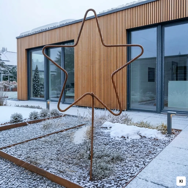 Großer Gartenstecker in Sternform aus Metall in einem verschneiten Gartenbeet vor einem modernen Haus mit Holzfassade.