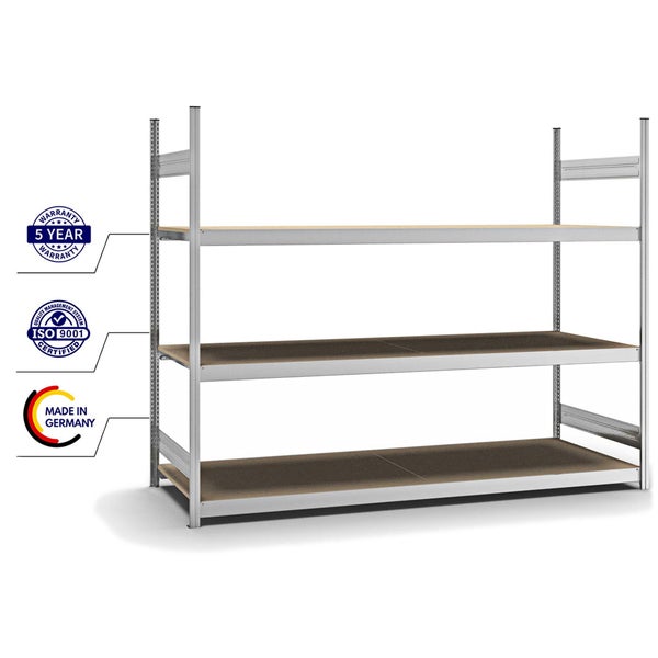 PROREGAL Weitspannregal Stecksystem T-Profil Grundregal HxBxT 200x250x80 cm 3 Ebenen Spanplatten Fachboden Fachlast 350 kg Verzinkt
