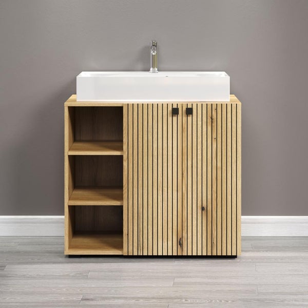 Waschtischunterschrank mit Waschbecken, Holzstruktur, Ablagefächern und zwei Türen