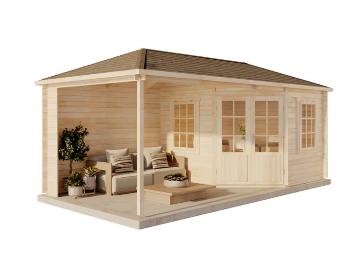 Alpholz 5-Eck Gartenhaus Mosel Gartenhaus aus Holz in Pinie, Holzhaus mit 40 mm Wandstärke inklusive Terrasse, Blockbohlenhaus mit Montagematerial imprägniert 6x3m