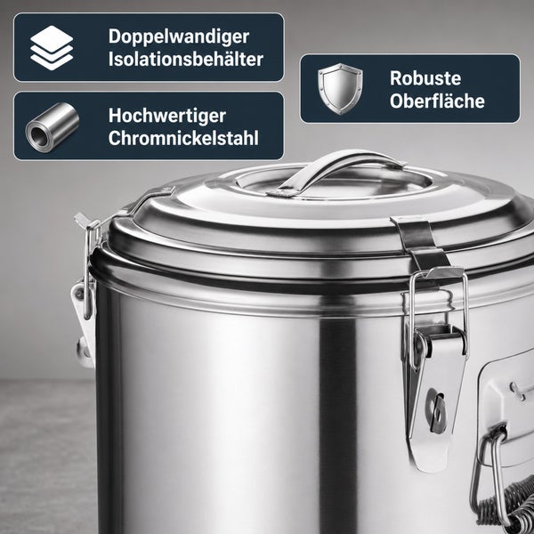 Doppelwandiger Isolationsbehälter aus Chromnickelstahl mit Deckel und Schnappverschlüssen für hohe Robustheit.