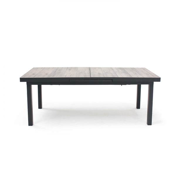 Ausziehbarer Gartentisch mit anthrazitfarbenem Metallgestell und Tischplatte in Holzoptik.