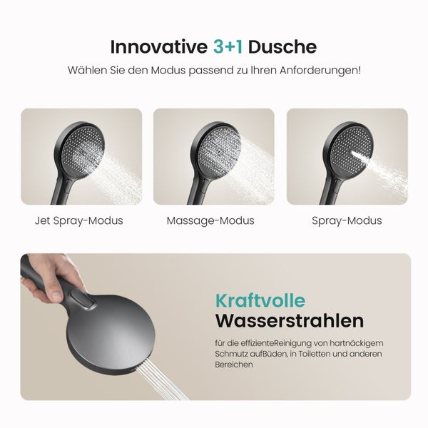EMKE Duschsystem mit Thermostat, Duschsäule mit 40 cm thermostatischer Glasplatte, höhenverstellbarer Brausestange, Handbrause mit 4 Strahlarten & Wasserauslass, Anthrazit Matt