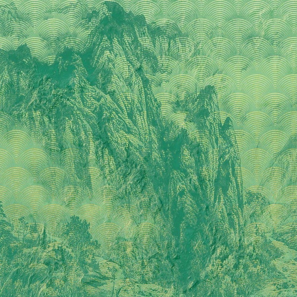 Tapete mit Bergmotiv und stilisiertem Fächermuster