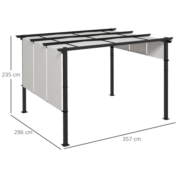 Pergola mit verstellbarem Sonnensegel, Breite 357 Zentimeter, Tiefe 296 Zentimeter, Höhe 235 Zentimeter.