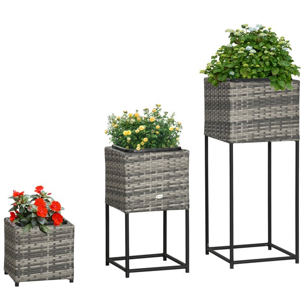 Outsunny Hochbeet, 40L x 40B x 100H cm, Verzinkter Stahl, PE Rattan, Kunststoff, grau