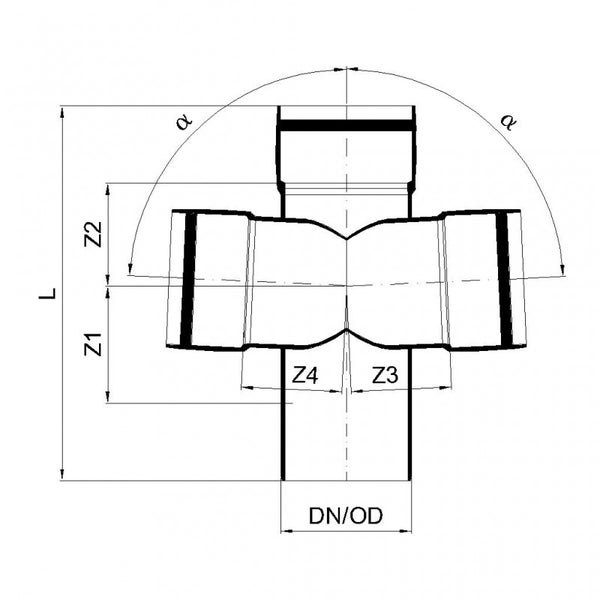 Technische Zeichnung eines Doppelabzweigs für Abwasserrohre mit Maßangaben für Länge, Winkel und Durchmesser.