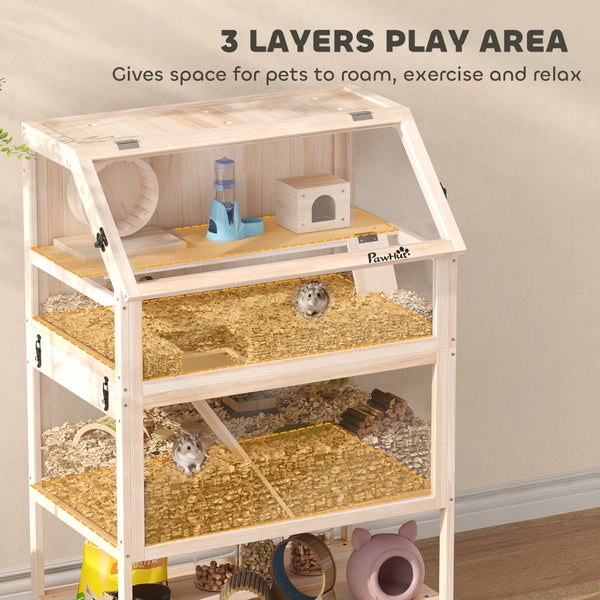 Dreistöckiger Hamsterkäfig aus Holz mit drei Ebenen, transparenten Fronten, Zubehör und PawHut Logo.
