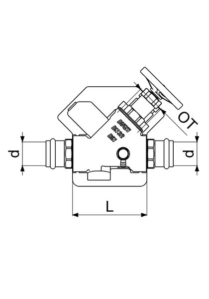 Technische Zeichnung eines KFR-Ventils mit Pressanschluss, Nennweite 32, mit Maßangaben für Länge und Durchmesser.
