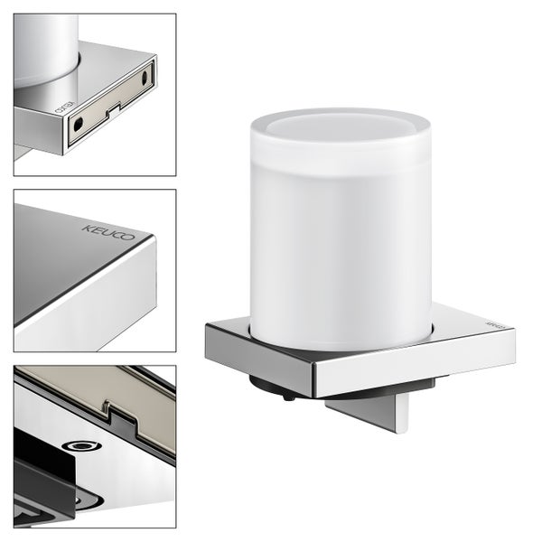 Keuco Zahnputzbecher aus Metall und Glas mit quadratischer Wandhalterung in Detailansicht