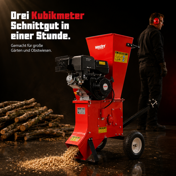 Benzin-Häcksler von Hecht mit Einfülltrichter neben Baumstämmen und einem Anwender. Leistung von drei Kubikmetern Schnittgut pro Stunde.