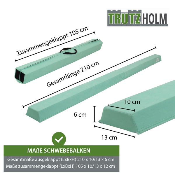 Trutzholm Logo. Faltbarer Schwebebalken für Kinder, gezeigt in einer Sporthalle, im Garten und in einem hellen, organisierten Kinderzimmer.