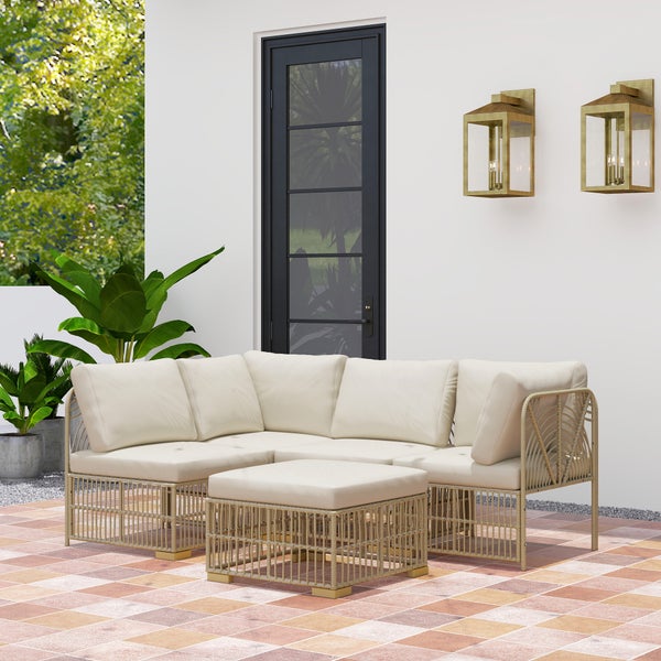 Outsunny Ecklounge-Set aus Polyrattan Gartenmöbel Set mit Ecksofa Sessel Hocker Kissen wetterfest Gartenlounge für 5 Personen Balkonmöbel Outdoor Sitzgruppe für Garten Balkon Naturholz+Cremeweiß