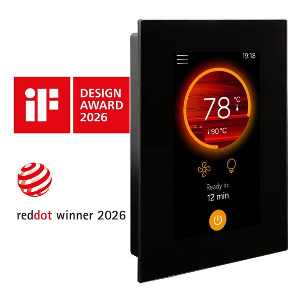 Digitale Saunasteuerung mit Touchscreen, inklusive iF Design Award und Red Dot Winner Auszeichnungen.