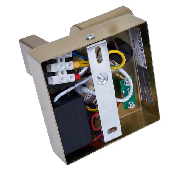 Innenansicht einer Wandleuchte mit elektrischen Bauteilen