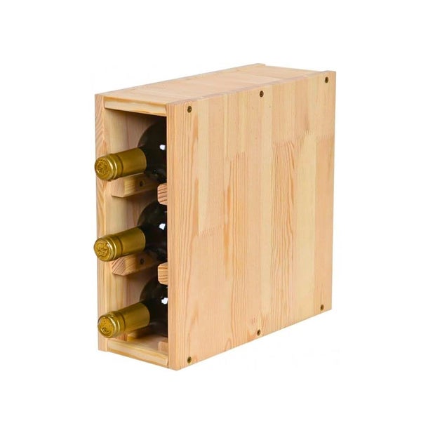 Weinregal aus hellem Holz für drei Flaschen.