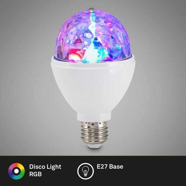 LED-Diskolampe mit E27-Fassung, facettierter Lichtkuppel mit bunten Lichteffekten, Höhe 129 Millimeter, Durchmesser 73 Millimeter.
